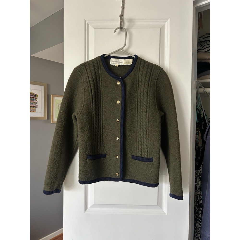 VTG The Eagles Eye Boiled Wool Cardigan Sweater Jacket Size 6 Boxy Grandma Green
